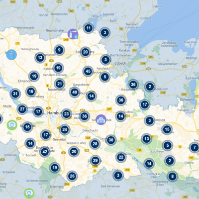 Ein Screenshot des Umlandscouts Hamburg mit vielen blauen Punkten.