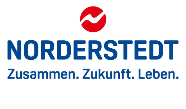 Das Logo der Stadt Norderstedt. In blauer Schrift geschrieben steht "Norderstedt Zusammen.Zukunft.Leben.". Darüber befindet sich ein roter Kreis.